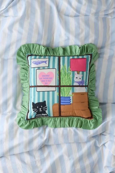 Tiny Scene Embroidered Ruffled Throw Pillow