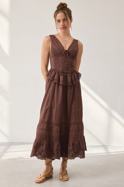 UO Perfectly Victorian Lace Trim Corset Midi Dress