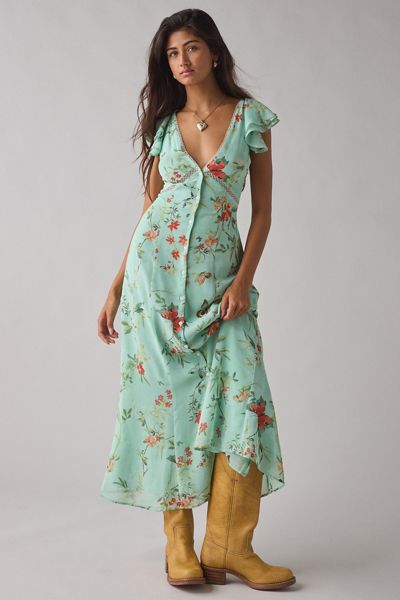 AFRM Romy Vintage Swirl Plunging Mesh Maxi Dress | Urban Outfitters