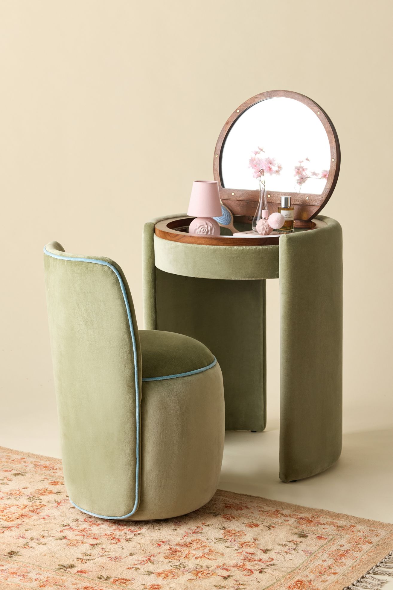 Jane Upholstered Vanity & Stool Set - Green, ONE SIZE