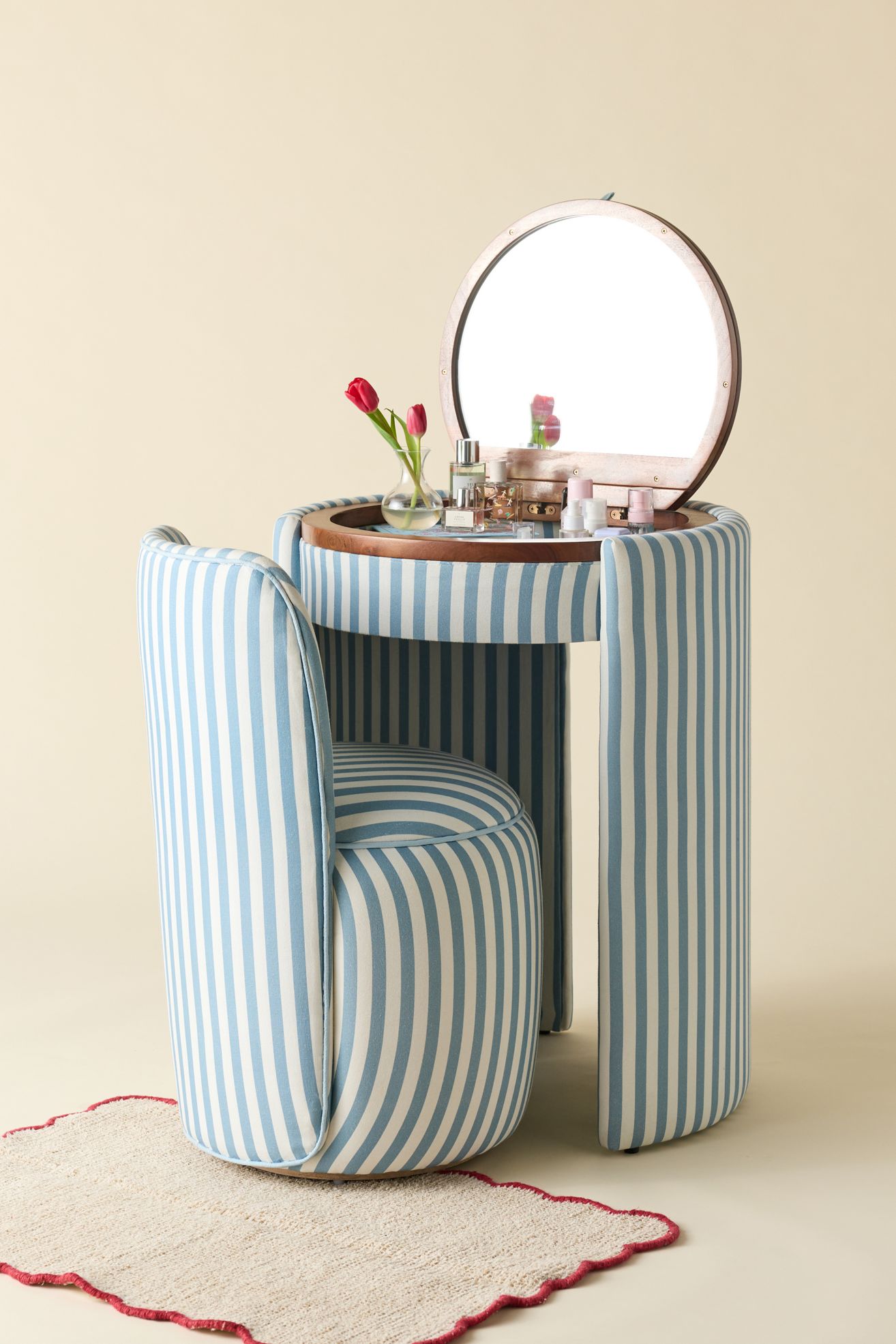 Jane Upholstered Vanity & Stool Set - Blue Stripe, ONE SIZE