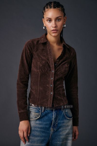 BDG Sabrina Faux Suede Long Sleeve Slim Button-Up Shirt