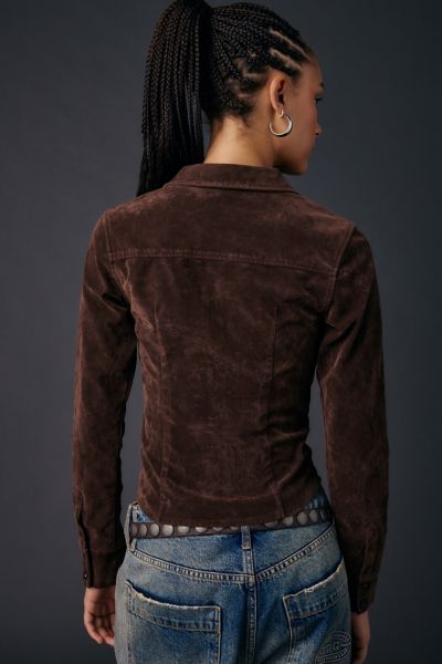 BDG Sabrina Faux Suede Long Sleeve Slim Button-Up Shirt