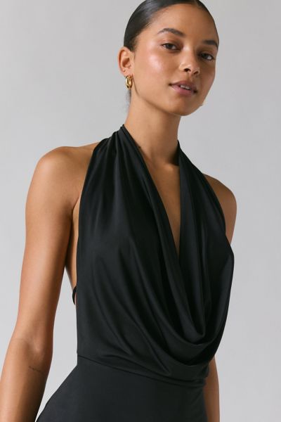 UO Invite Only Plunging Halter Cowl Open-Back Maxi Dress
