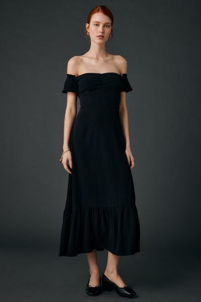 UO Over The Moon Flutter Sleeve Off-The-Shoulder Midi Dress