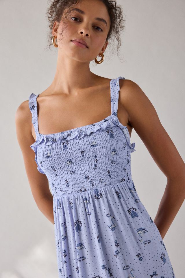 UO Selene Smocked Square Neck Ruffle Midi Dress #1