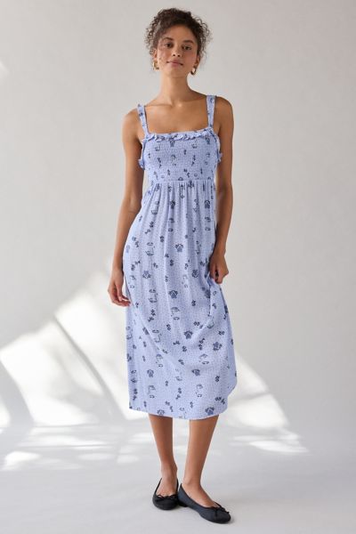 UO Selene Smocked Square Neck Ruffle Midi Dress