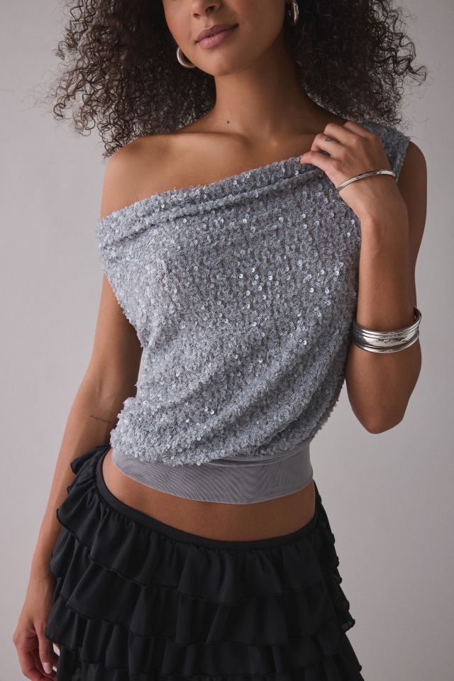 UO Alix Asymmetric Off-The-Shoulder Ruched Sequin Crop Top #1