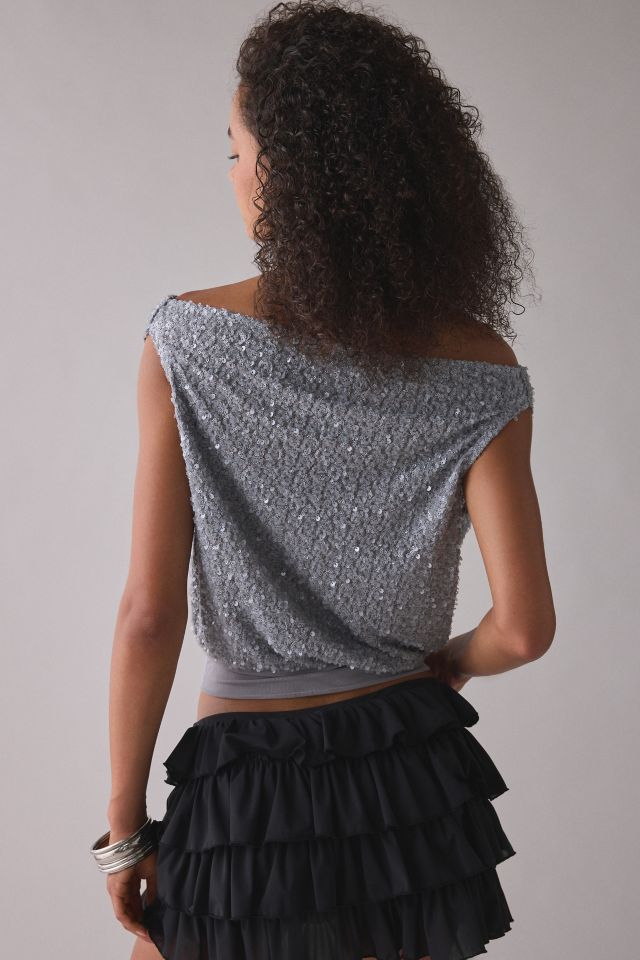 UO Alix Asymmetric Off-The-Shoulder Ruched Sequin Crop Top #2