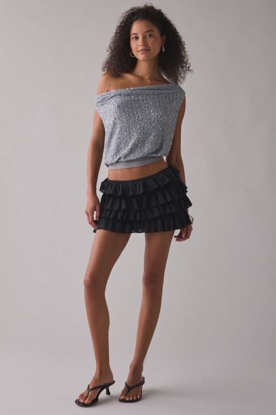 UO Alix Asymmetric Off-The-Shoulder Ruched Sequin Crop Top