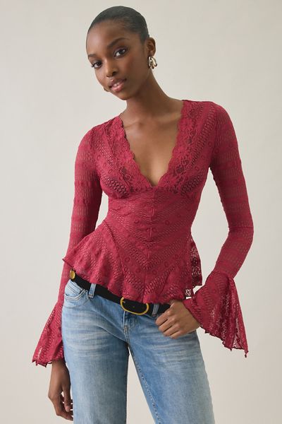 Kimchi Blue Irene Sheer Lace Ruffle Bell Sleeve Top