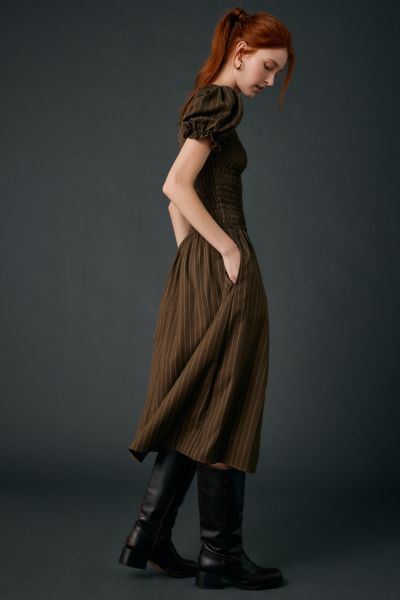 Daisy Street Brulee Drop Waist Smocked Puff Sleeve Midi Dress