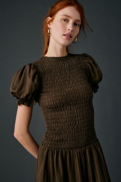 Daisy Street Brulee Drop Waist Smocked Puff Sleeve Midi Dress