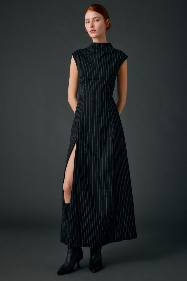 dress pinstripe long sleeve Aline with belt heartmycloset pinstriped pattern throughout Westport Dress - Black Pinstripe