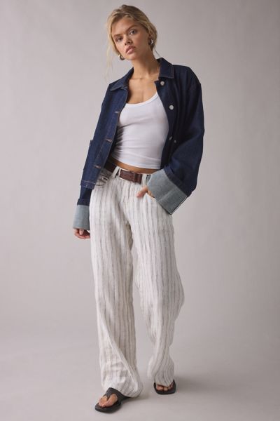 Bdg Kayla Pinstripe Linen Low-rise Pant In White Stripe, Women's At Urban Outfitters In White