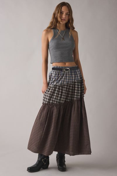 Daisy Street Lula Patchwork Plaid Tiered Maxi Skirt In Brown, Women's At Urban Outfitters
