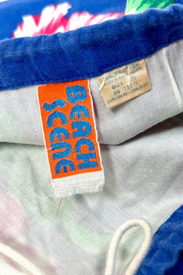 Vintage 1970's Beach Scene Drawstring Floral Tropical Print Swim Trunks Shorts #1