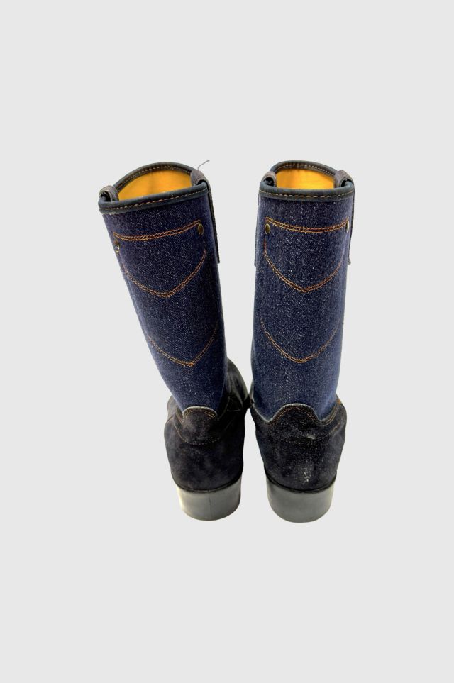 Vintage 1970's Acme Suede And Denim Square Toe Cowboy Boot #3