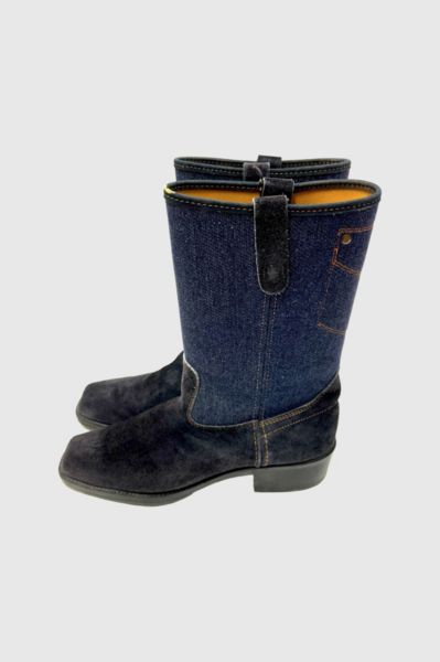 Vintage 1970's Acme Suede And Denim Square Toe Cowboy Boot