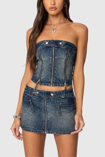 EDIKTED GUINEVERE ZIP WASHED DENIM TOP IN BLUE/WASHED, WOMEN'S AT URBAN OUTFITTERS 