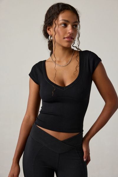 Out From Under Jade Seamless Knit Cutout Short Sleeve Tee In Black, Women's At Urban Outfitters In Black