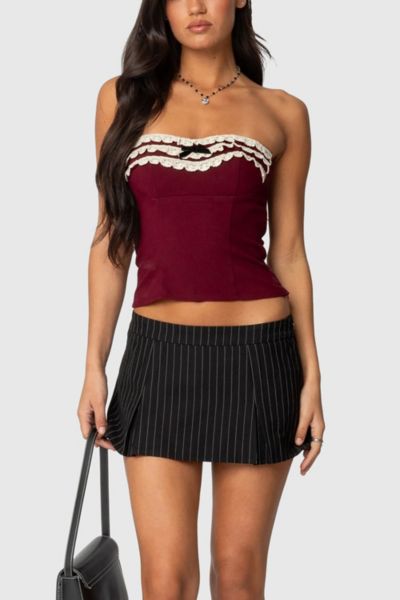 Shop Edikted Eyelet Ruffle Strapless Top In Burgundy, Women's At Urban Outfitters
