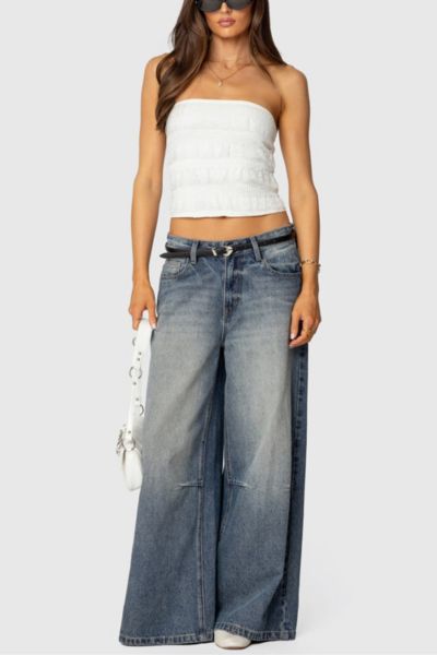 EDIKTED GEORGETTE LACEY RUFFLE TUBE TOP IN WHITE, WOMEN'S AT URBAN OUTFITTERS 