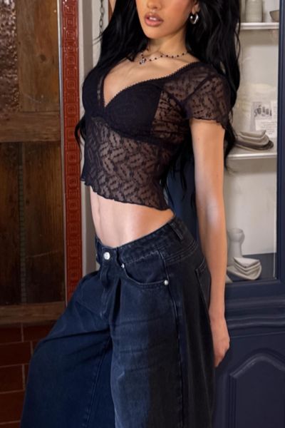 EDIKTED JULIE SHEER LACE TOP IN BLACK, WOMEN'S AT URBAN OUTFITTERS 