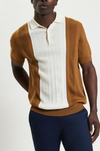 Ben Sherman Textured Block Stripe Polo Shirt Top In Caramel, Men's At Urban Outfitters