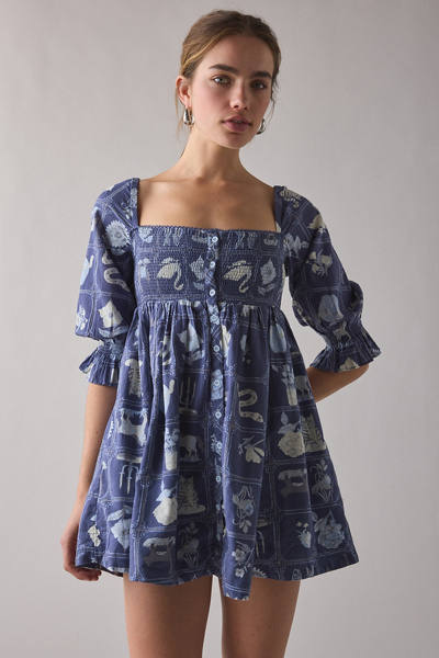 Kimchi Blue Cute As A Button Puff Sleeve Babydoll Mini Dress In Blue, Women's At Urban Outfitters In Blue