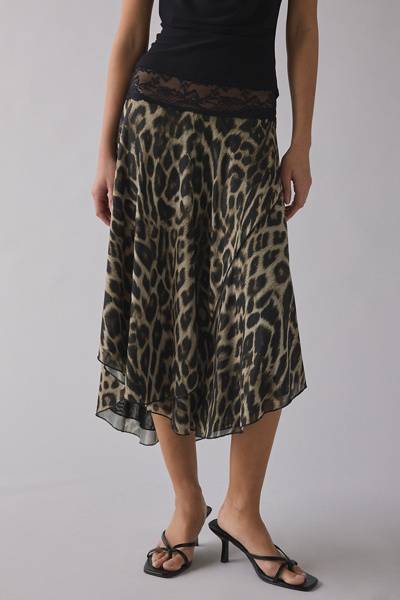 Kimchi Blue Ethereal Lace Trim Semi-sheer Mesh Midi Skirt In Brown, Women's At Urban Outfitters In Brown