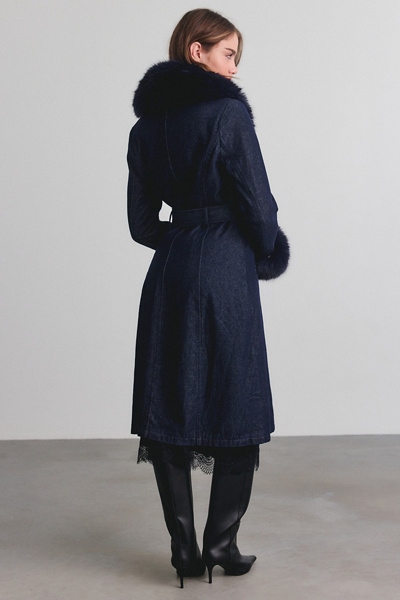 Azalea Wang Kaya Faux Fur Trim Denim Trench Coat