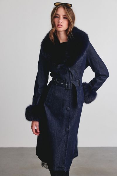 Azalea Wang Kaya Faux Fur Trim Denim Trench Coat