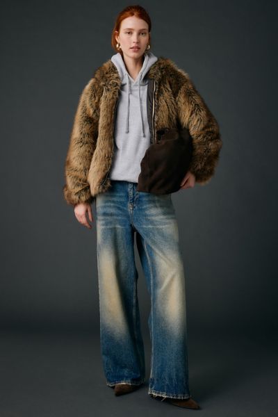 UO Sloanne Faux Fur Zip-Up Hoodie Sweatshirt