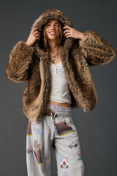 UO Sloanne Faux Fur Zip-Up Hoodie Sweatshirt