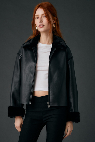 Kimchi Blue Stella Faux Leather + Faux Fur Trim Jacket In Black, Women's At Urban Outfitters In Black