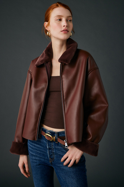 Kimchi Blue Stella Faux Leather + Faux Fur Trim Jacket In Oxblood, Women's At Urban Outfitters In Brown