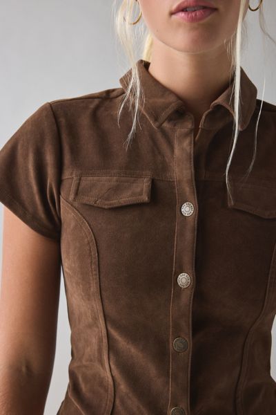 BDG Polly Faux Suede Slim Short Sleeve Snap-Button Shirt