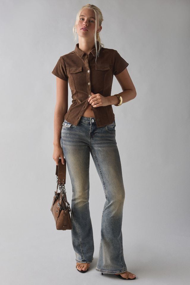 BDG Polly Faux Suede Slim Short Sleeve Snap-Button Shirt #2