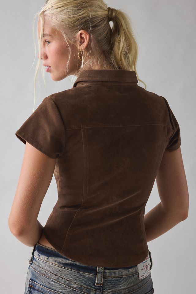 BDG Polly Faux Suede Slim Short Sleeve Snap-Button Shirt #3