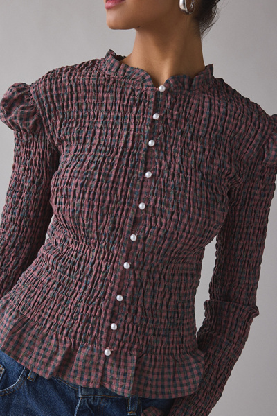 Daisy Street Fern Shirred Plaid Long Sleeve Button-Up Top