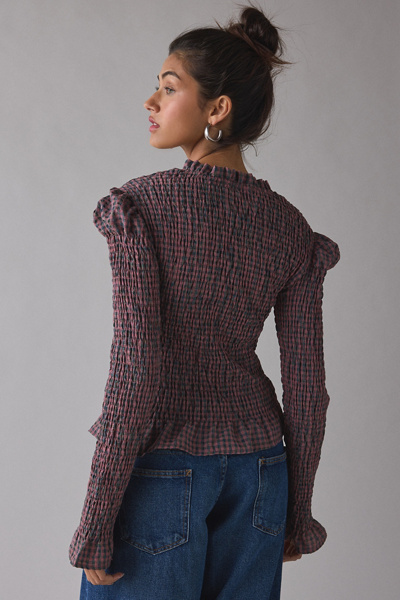 Daisy Street Fern Shirred Plaid Long Sleeve Button-Up Top
