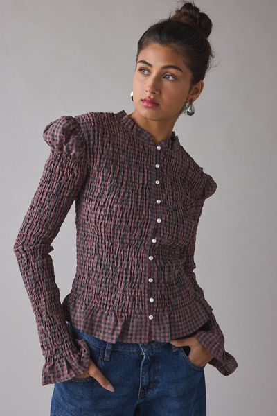 Haut Boutonné à Manches Longues Plissé à Carreaux Fern Daisy Street