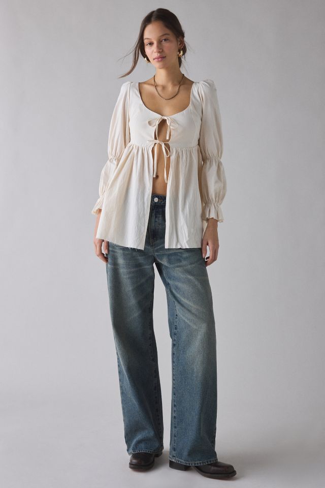 Daisy Street Cloud Blouson Sleeve Tie-Front flyaway Babydoll Tunic Top #2