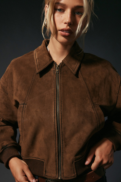 UO Jennifer Cropped Faux Suede Bomber Jacket
