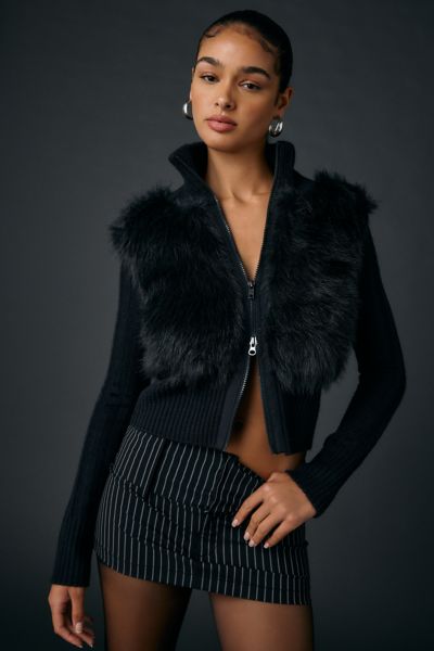BDG Tori Faux Fur Trim Zip-Up Sweater Jacket