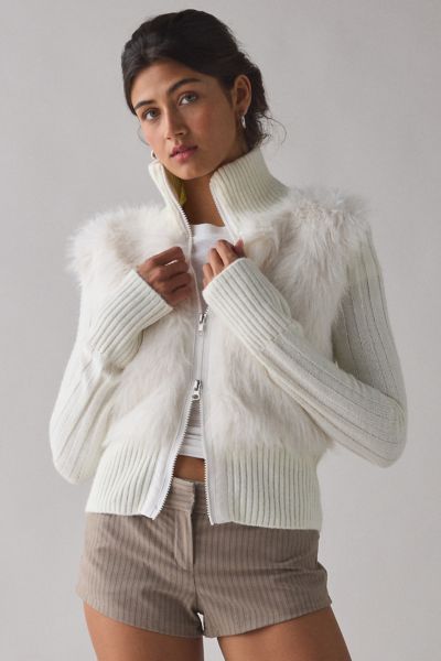 BDG Tori Faux Fur Trim Zip-Up Sweater Jacket Product Page