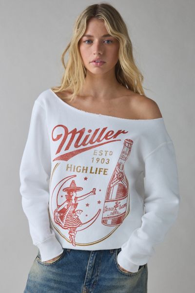 Urban Outfitters Miller High Life Graphic Off-the-shoulder Pullover Top In White, Women's At  In White