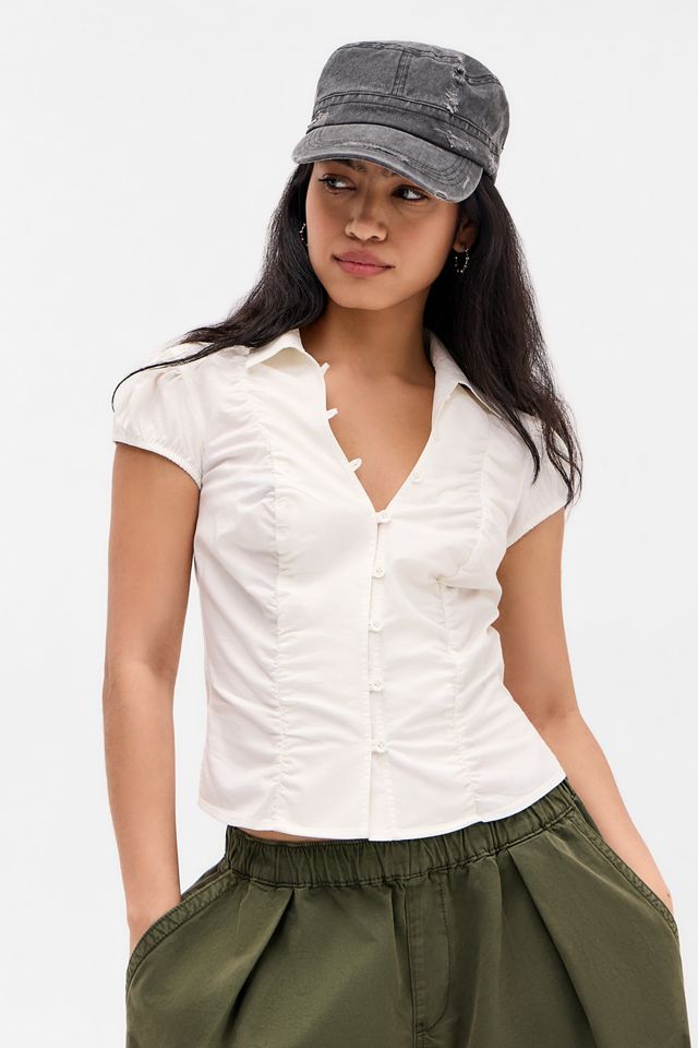 BDG Nadine Ruched Cap Sleeve Button-Down Shirt #1