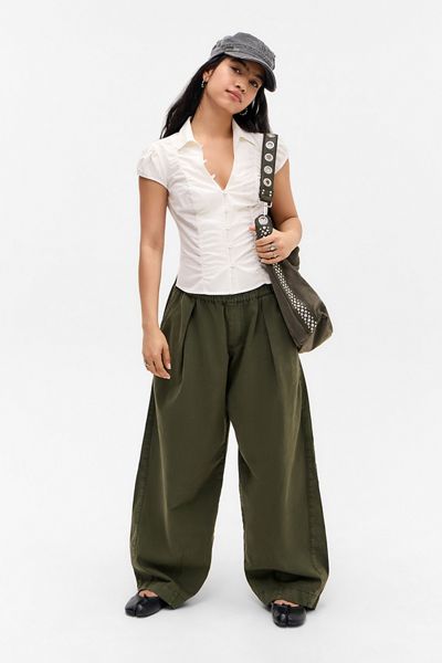 BDG Nadine Ruched Cap Sleeve Button-Down Shirt